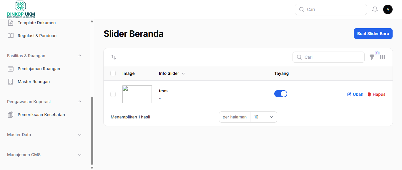 Menu CMS Slider Beranda