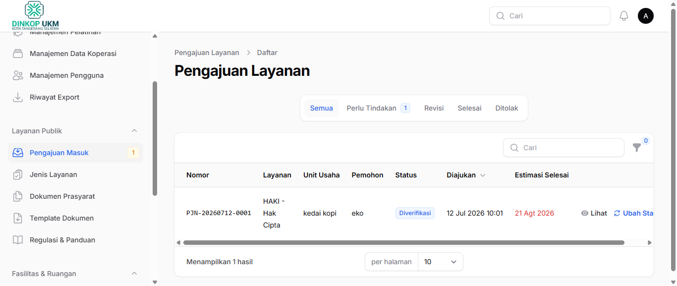Menu Pengajuan Masuk